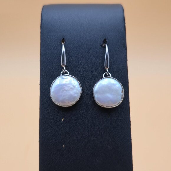 Sterling Silver Large Genuine Round Pearl Dangle Earrings A5390 - Picture 1 of 6